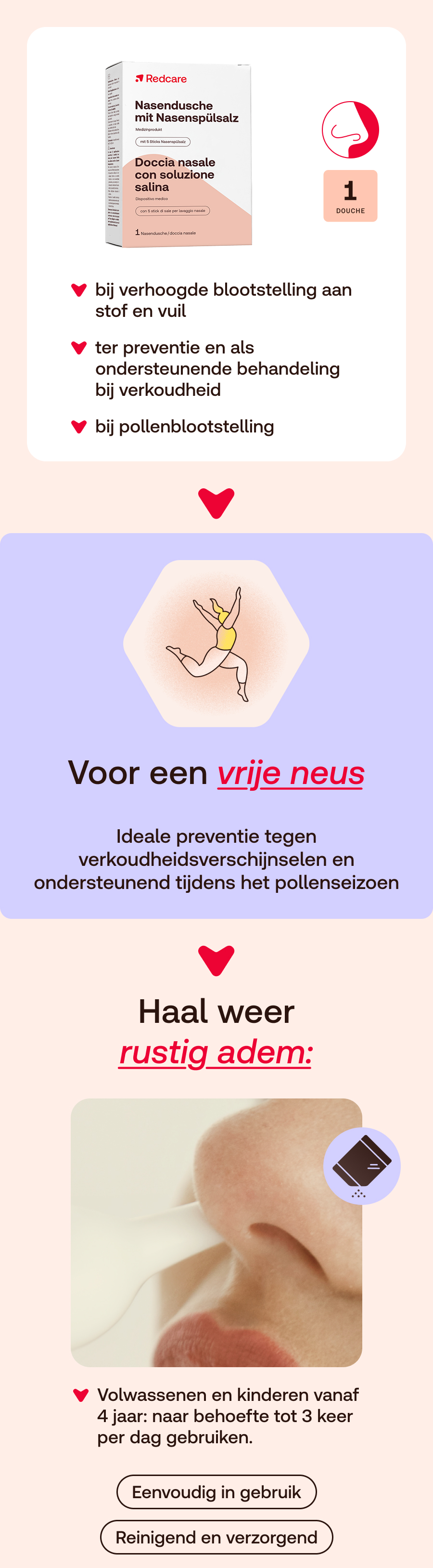 Reclamebeeld met productafbeelding. Tekst: Voor een vrije neus. Ideaal tegen verkoudheid en pollen.