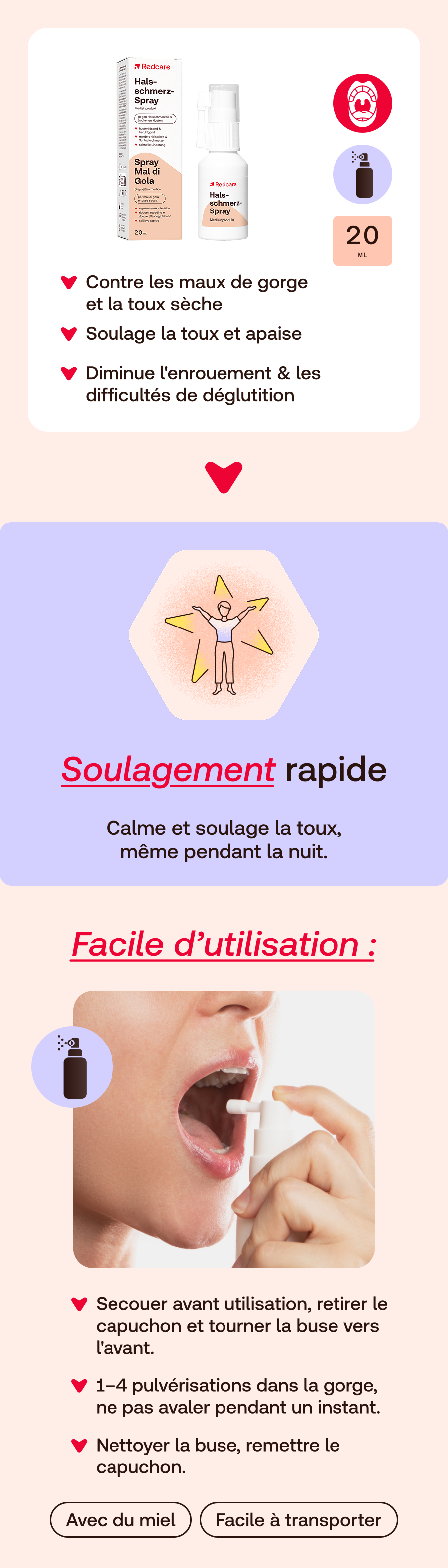 Infographie française du spray Redcare pour la gorge. Comprend une image du produit, des avantages et des instructions d'utilisation.