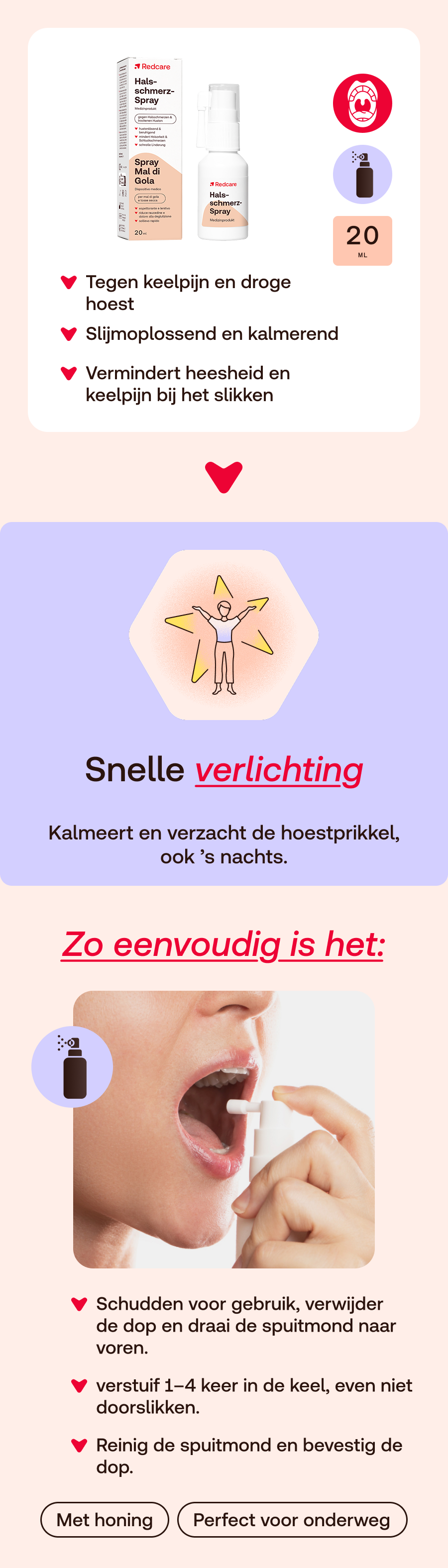 Nederlandse infographic van Redcare keelspray. Bevat productafbeelding, voordelen en gebruiksaanwijzing.