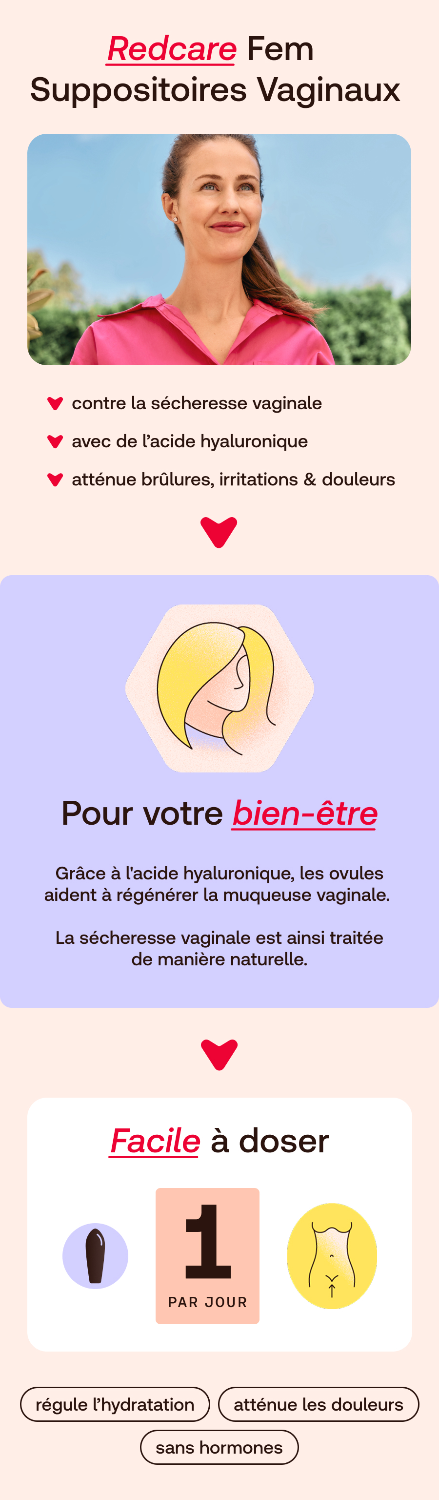 Ovules vaginaux Redcare Fem : facile à doser, 1 par jour, sans hormones, régule l'hydratation.