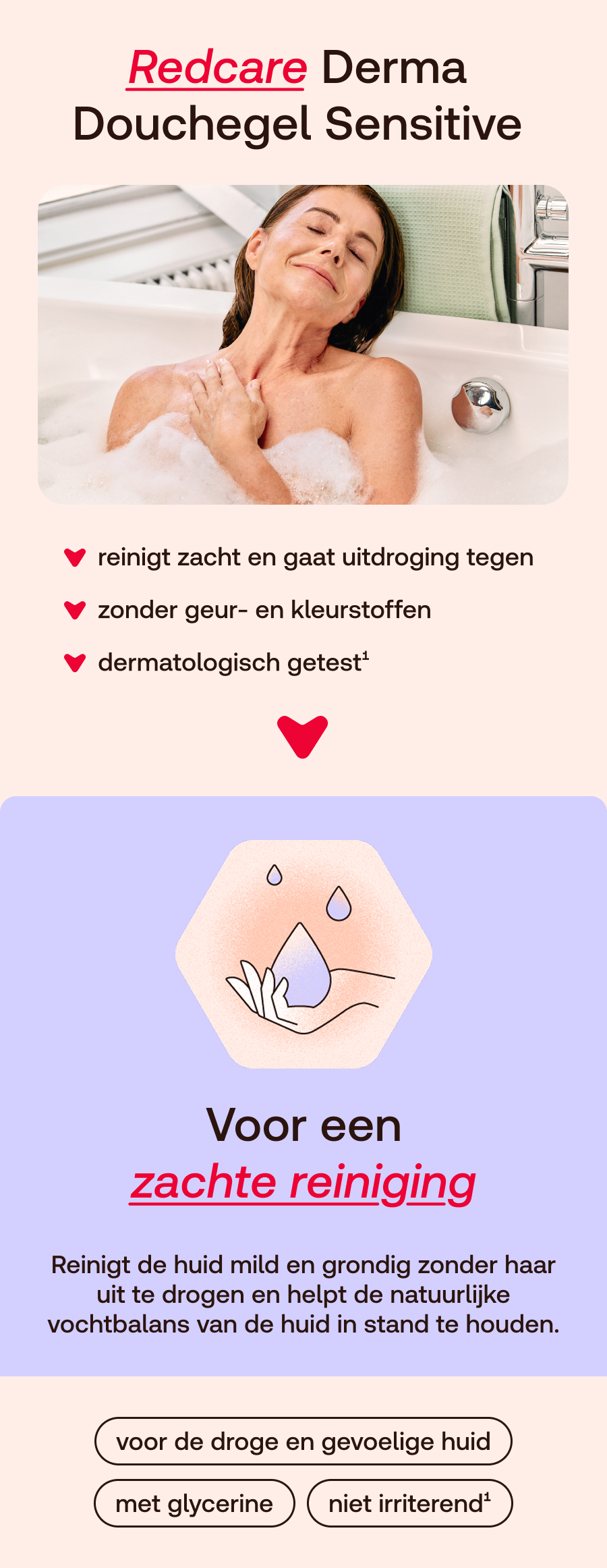 Vrouw in bad met Redcare Derma Duschgel Sensitiv. Milde reiniging voor gevoelige huid.