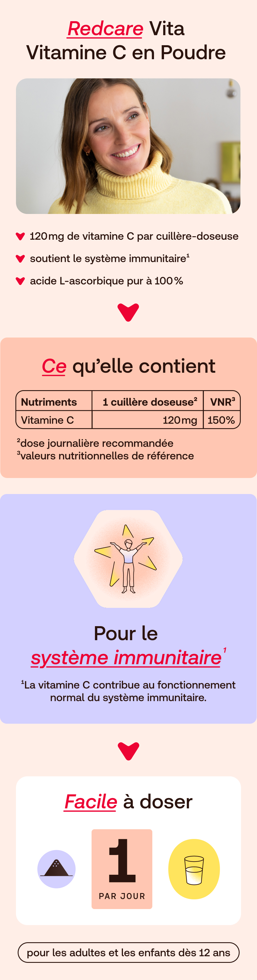Redcare Vita Vitamine C en Poudre: 120mg par cuillère-doseuse, soutient le système immunitaire, acide L-ascorbique pur à 100%.