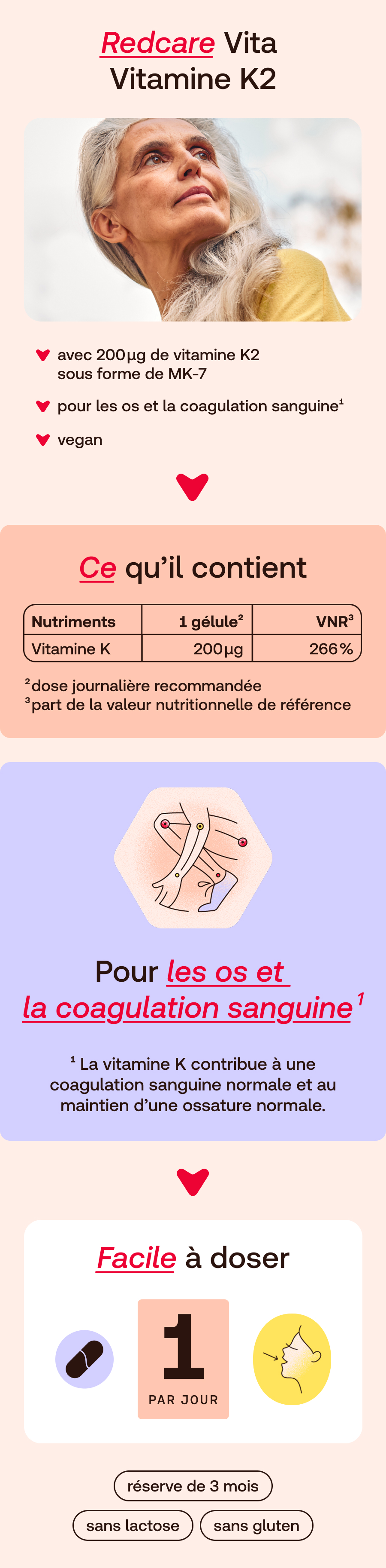 Redcare Vita Vitamine K2: Pour les os et la coagulation, 100 gélules.