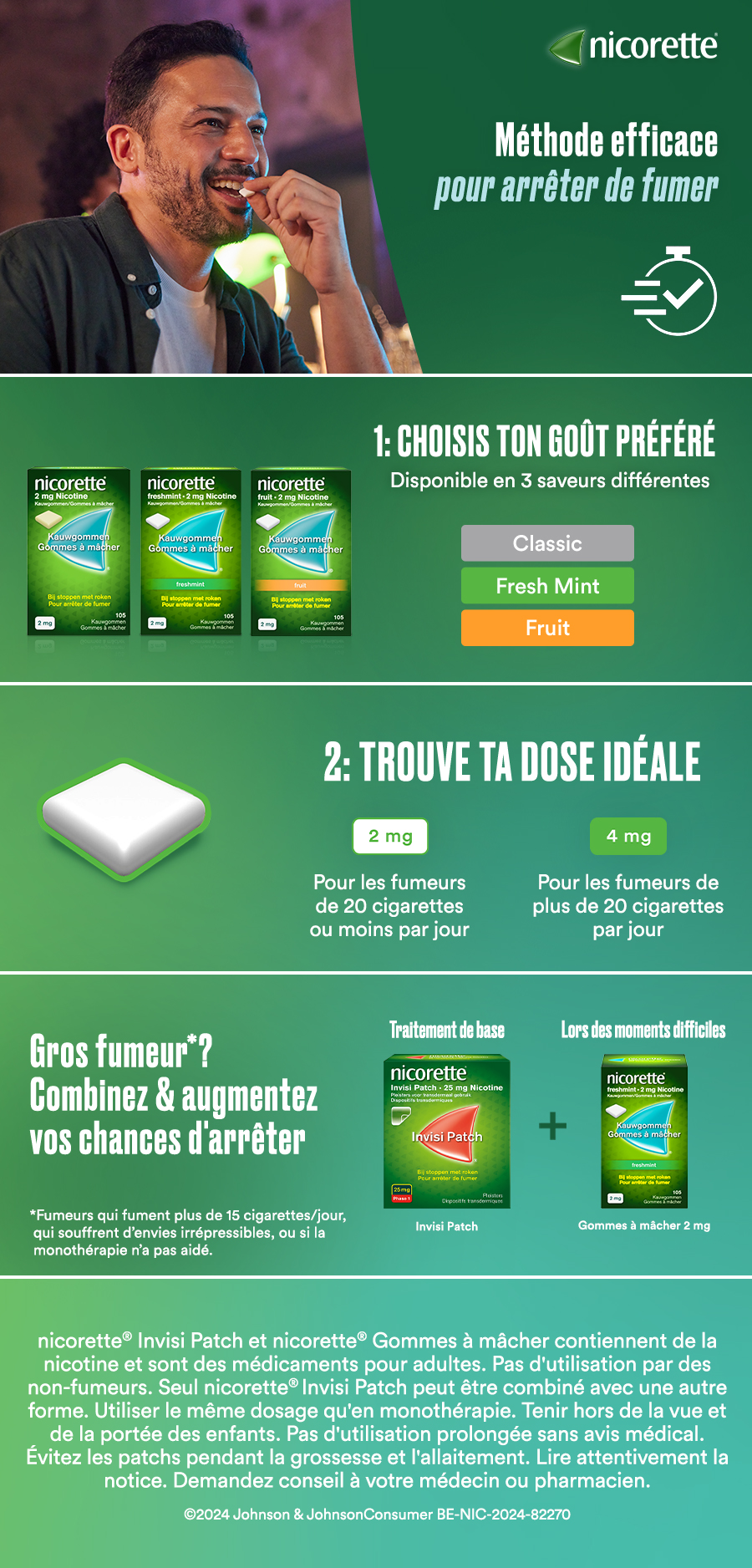 Gommes à mâcher et patchs Nicorette pour arrêter de fumer.