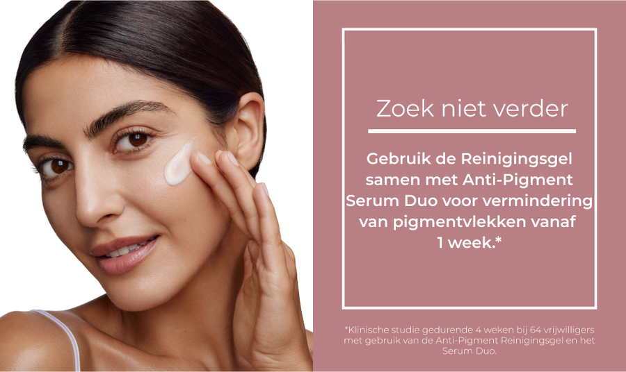 Een hand houdt Eucerin Anti-Pigment Duo Serum vast. Voor alle huidtypen, dag & nacht, lichte textuur.