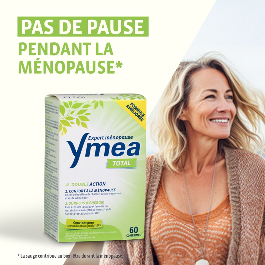 Ymea Total Expert Ménopause, 60 comprimés, avec femme souriante.