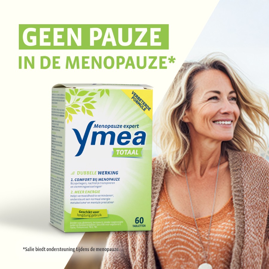 Ymea Total Menopauze expert, 60 tabletten, met lachende vrouw.