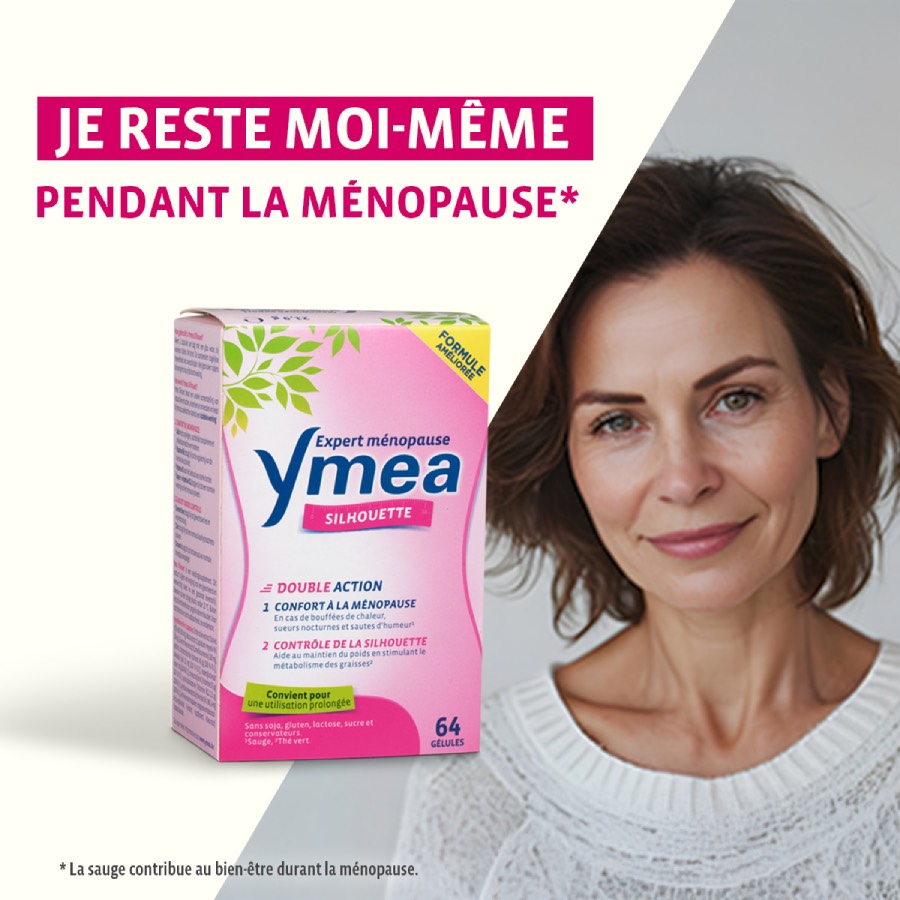 Une femme souriante à côté d'une boîte Ymea Silhouette de 64 gélules.