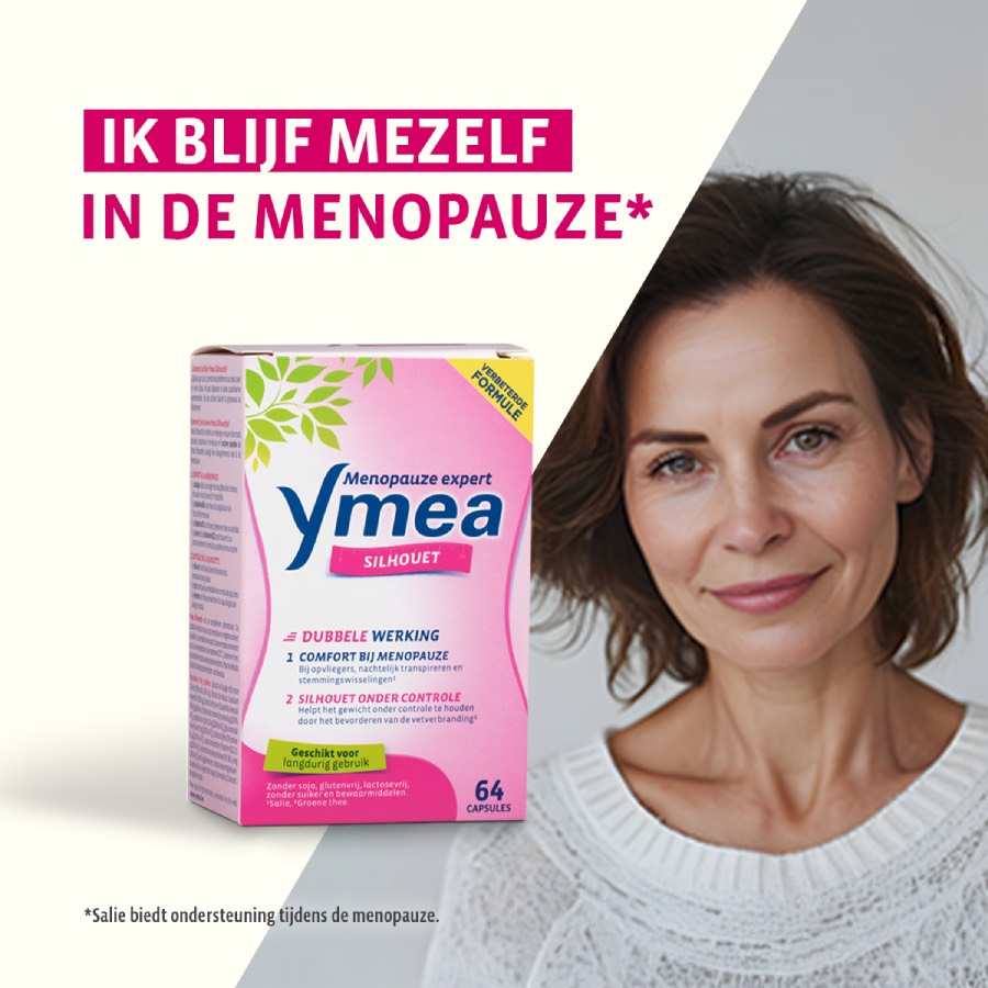 Ymea Silhouette verpakking met 64 capsules, met vrouw, voor de menopauze.