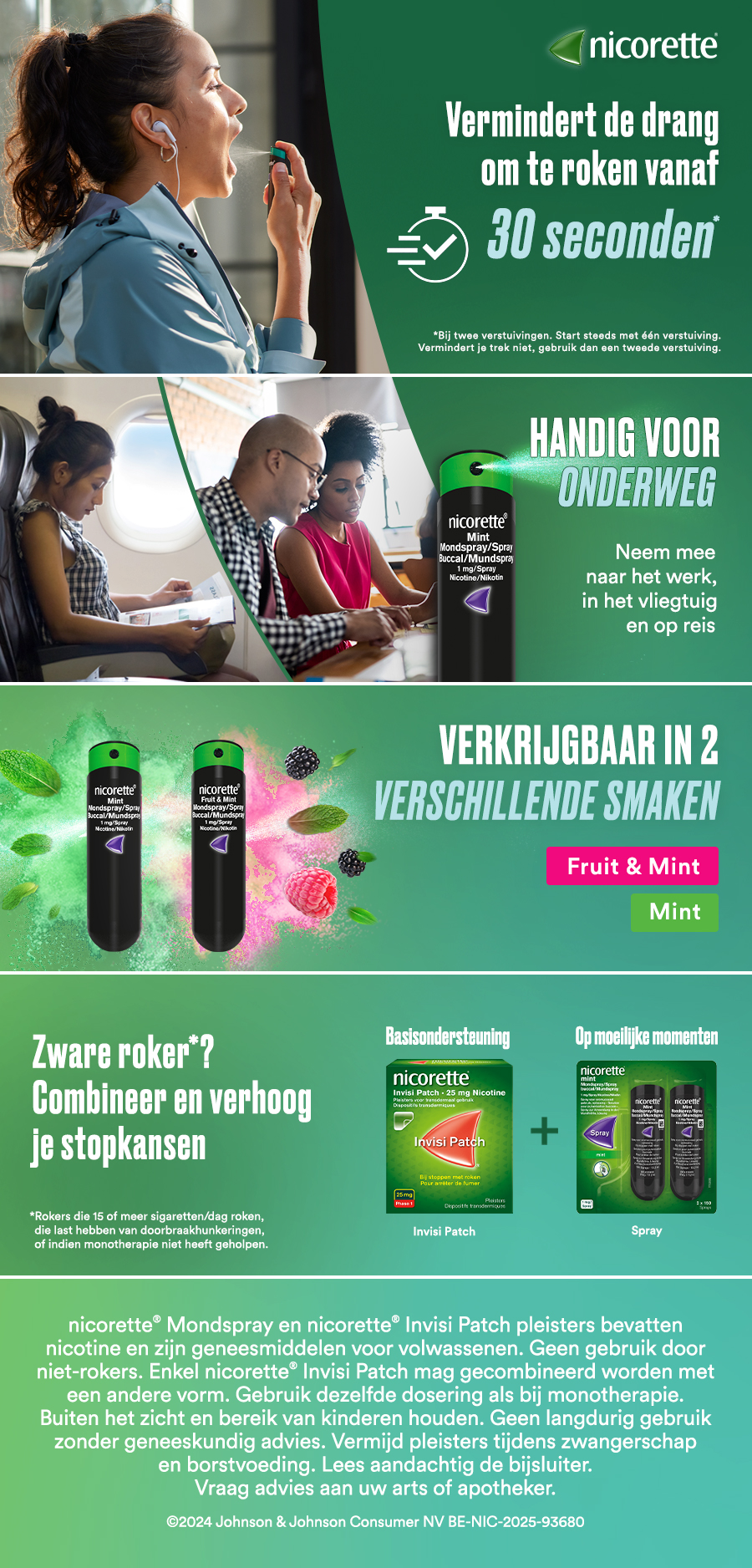 Nicorette Mondspray verpakking met informatie over snelle werking en combinatie met pleisters.