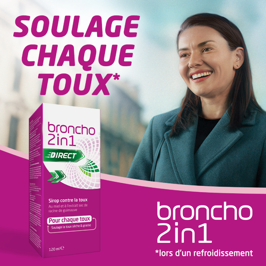 Publicité pour le sirop Broncho 2in1 Direct avec une femme et le texte 'Soulage chaque toux'.