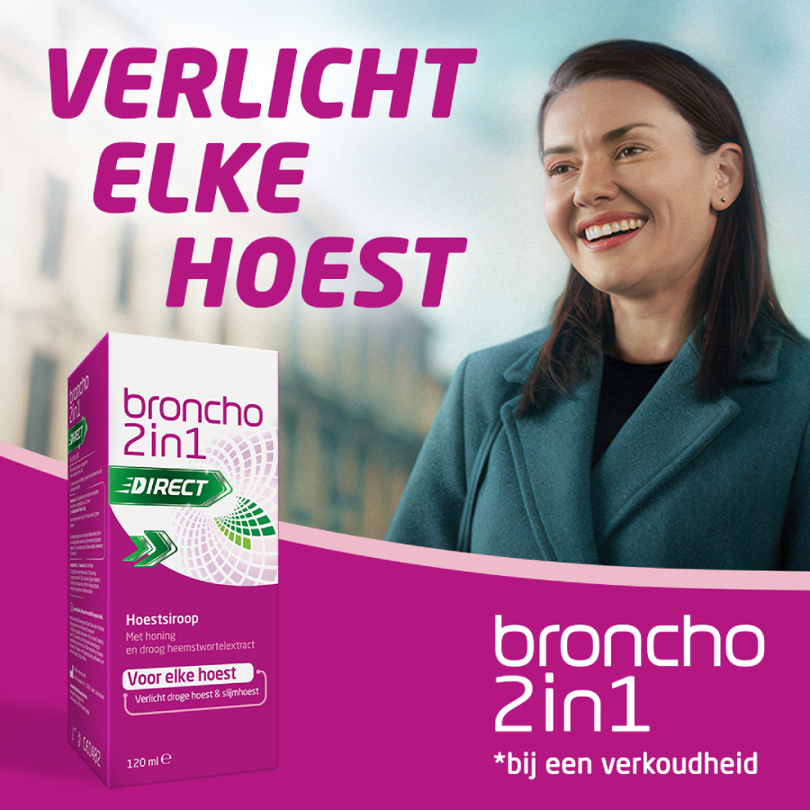 Advertentie voor Broncho 2in1 Direct hoestsiroop met een vrouw en de tekst 'Verlicht elke hoest'.