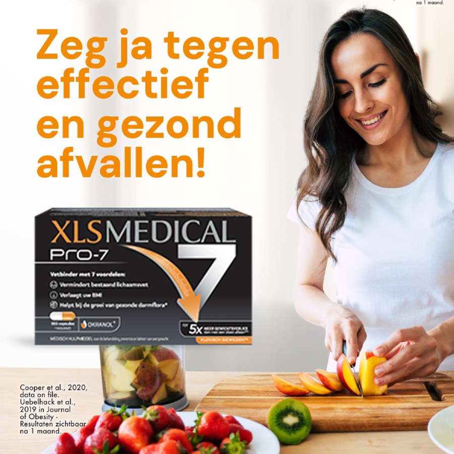 Vrouw snijdt fruit, XLS Medical Pro-7 verpakking op de voorgrond. Tekst: Zeg ja tegen effectief en gezond afvallen!