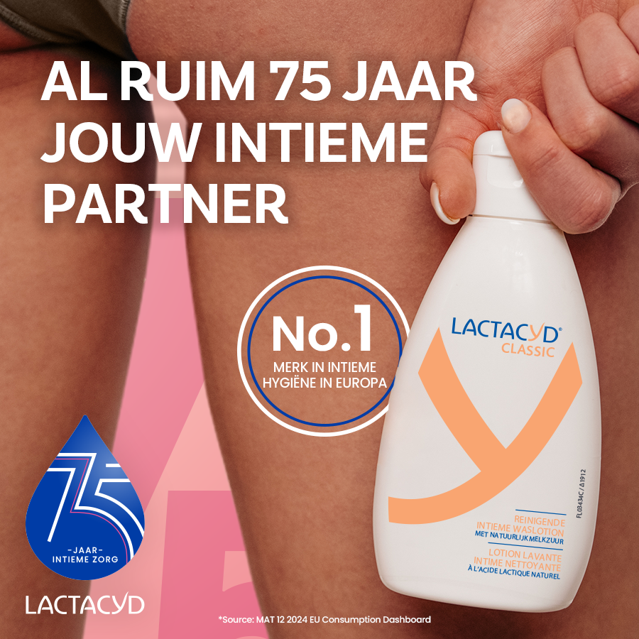 Advertentie: Lactacyd Classic, N°1 intieme hygiëne in Europa, al 75 jaar.