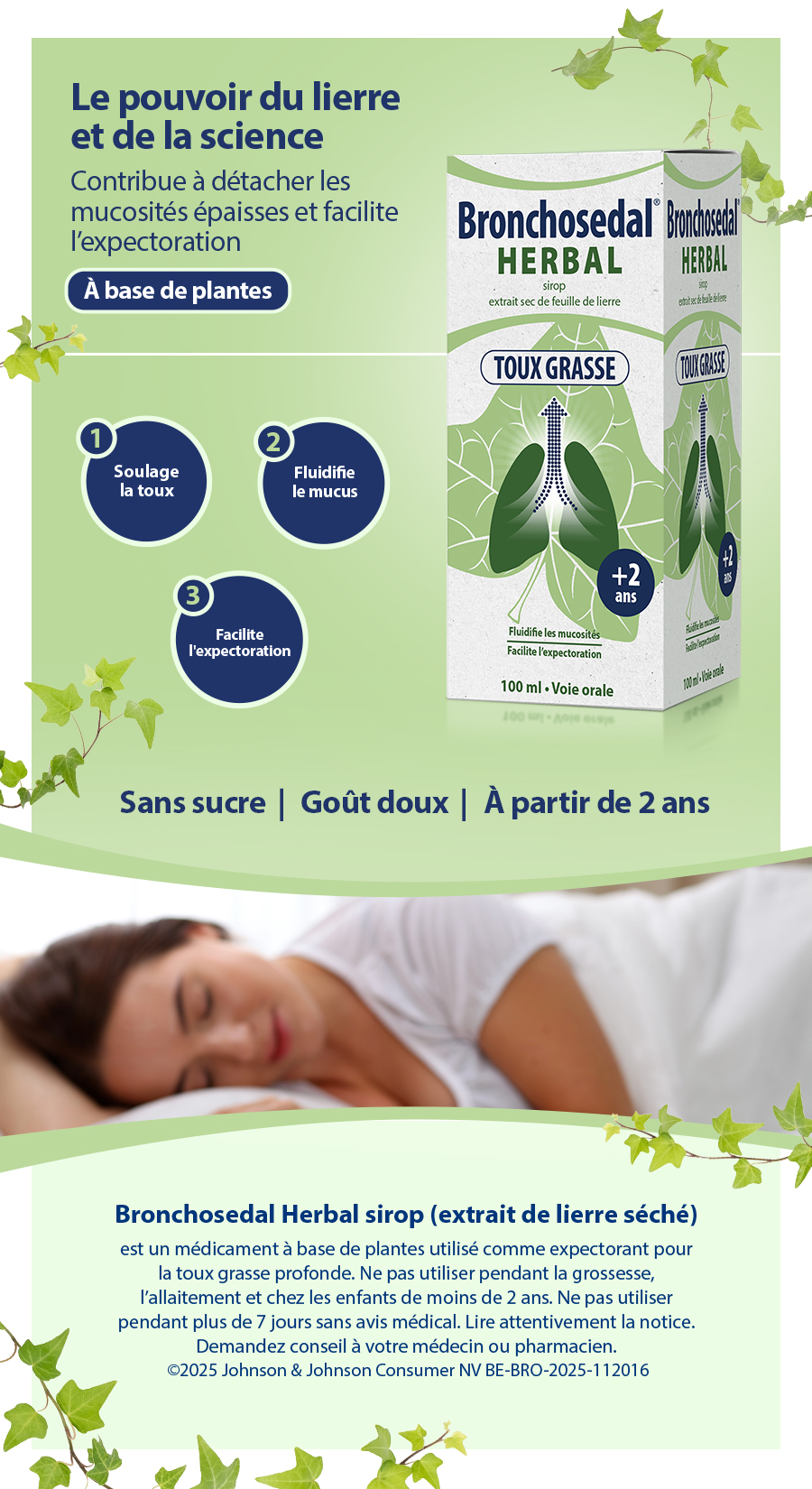 Bronchosedal Herbal Sirop: Illustration de poumons, bénéfices, utilisation dès 2 ans, 100ml.