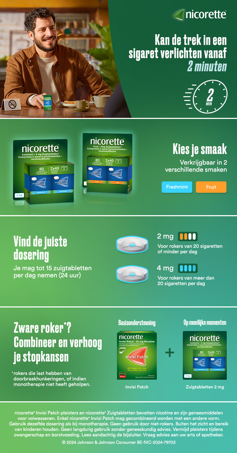 Nicorette: Kan de trek in een sigaret verlichten vanaf 2 minuten.