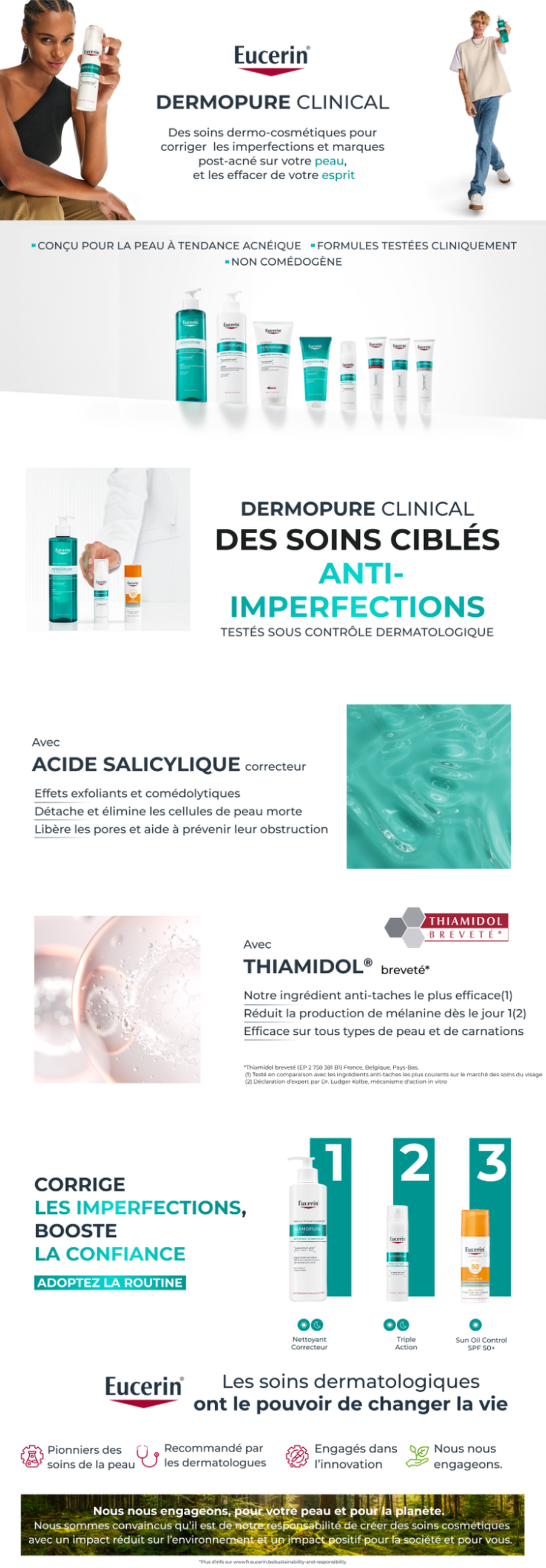 Eucerin Dermopure Clinical : Nettoyant, sérum et protection solaire pour peau à tendance acnéique.