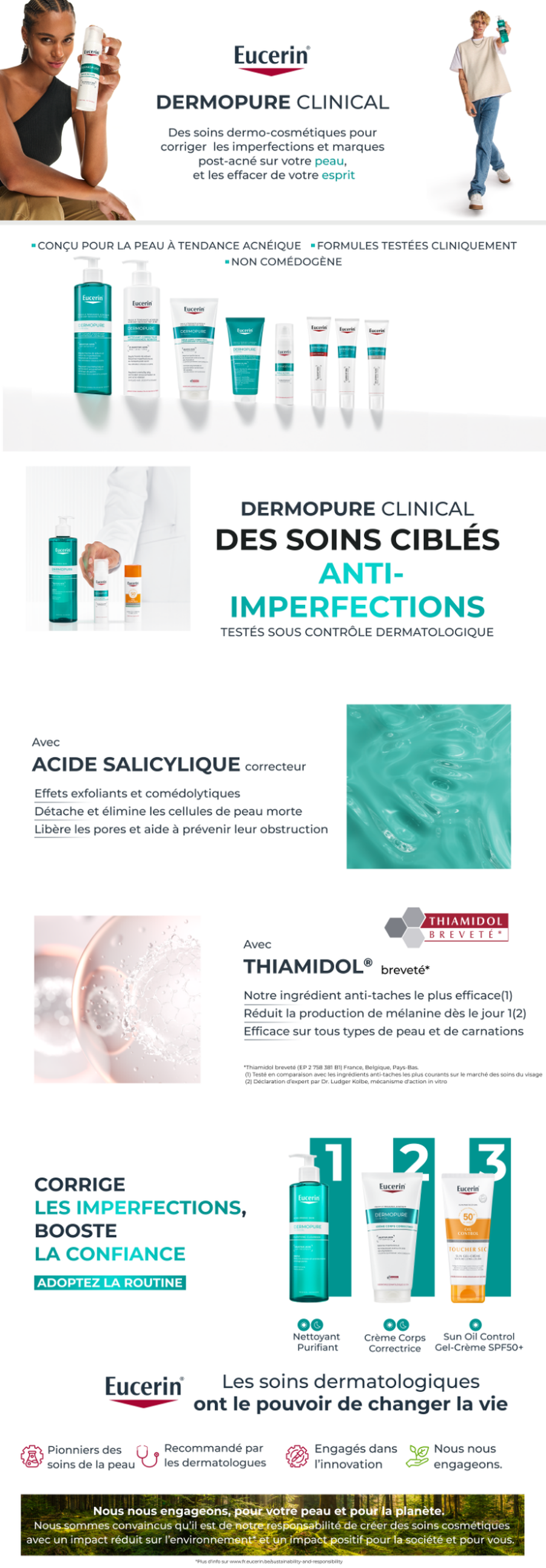 Eucerin Dermopure Clinical : Vue d'ensemble des produits avec nettoyant, crème corps et protection solaire.