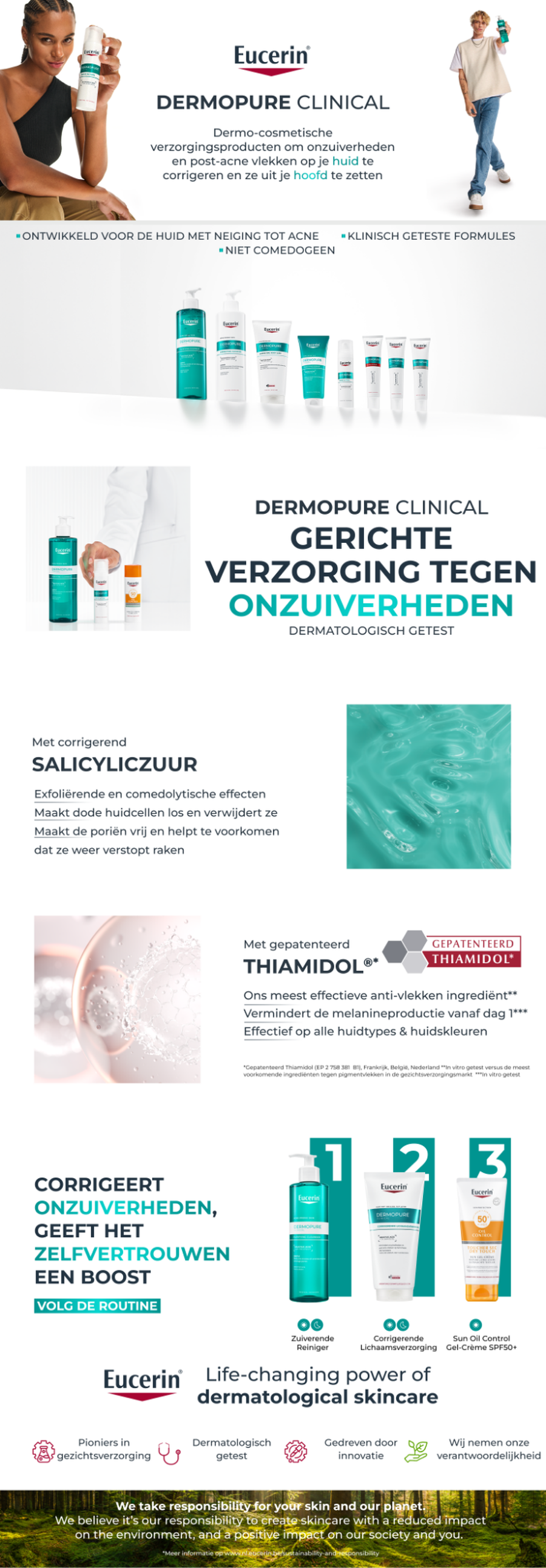 Eucerin Dermopure Clinical: Productoverzicht met reiniger, lichaamscrème en zonnebrandcrème.